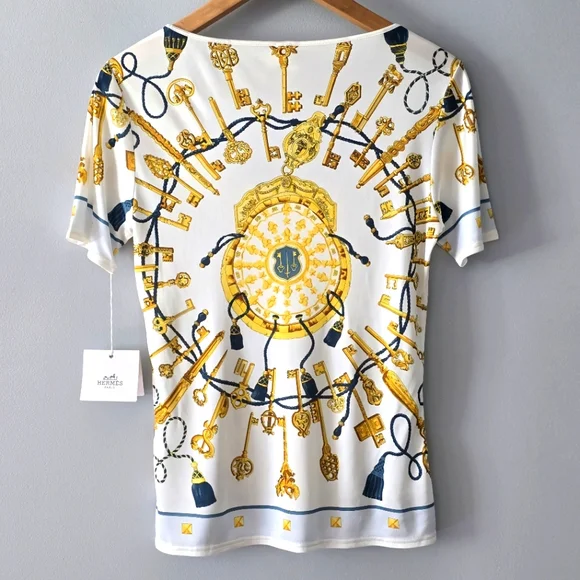 Hermès Paris Haut Decollete Manches Court Key And Tassel Print Shirt Size 38/US6 - Picture 4 of 7